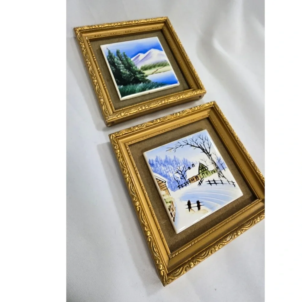 Vtg Ucago Japan hand painted framed tile picture MCM cottagecore 1950s Retro